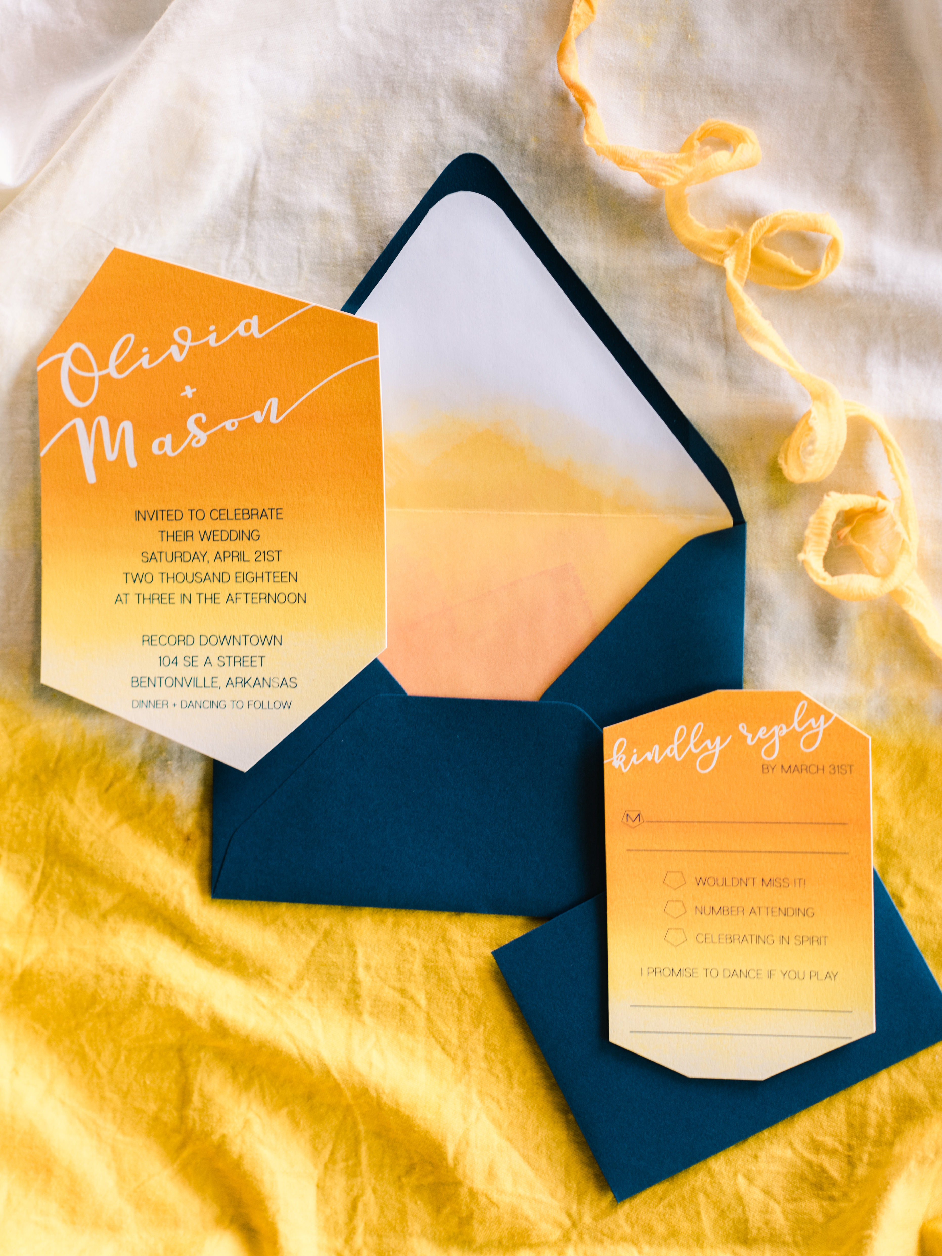 Yellow and blue invitations made by Tram Colwin in Fayetteville Arkansas