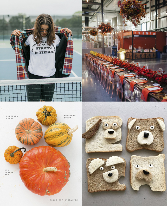 Fall themed images of a woman in a printed shirt, ombre table arrangement, pumpins in different orange colors, and bread slices made to look like dogs