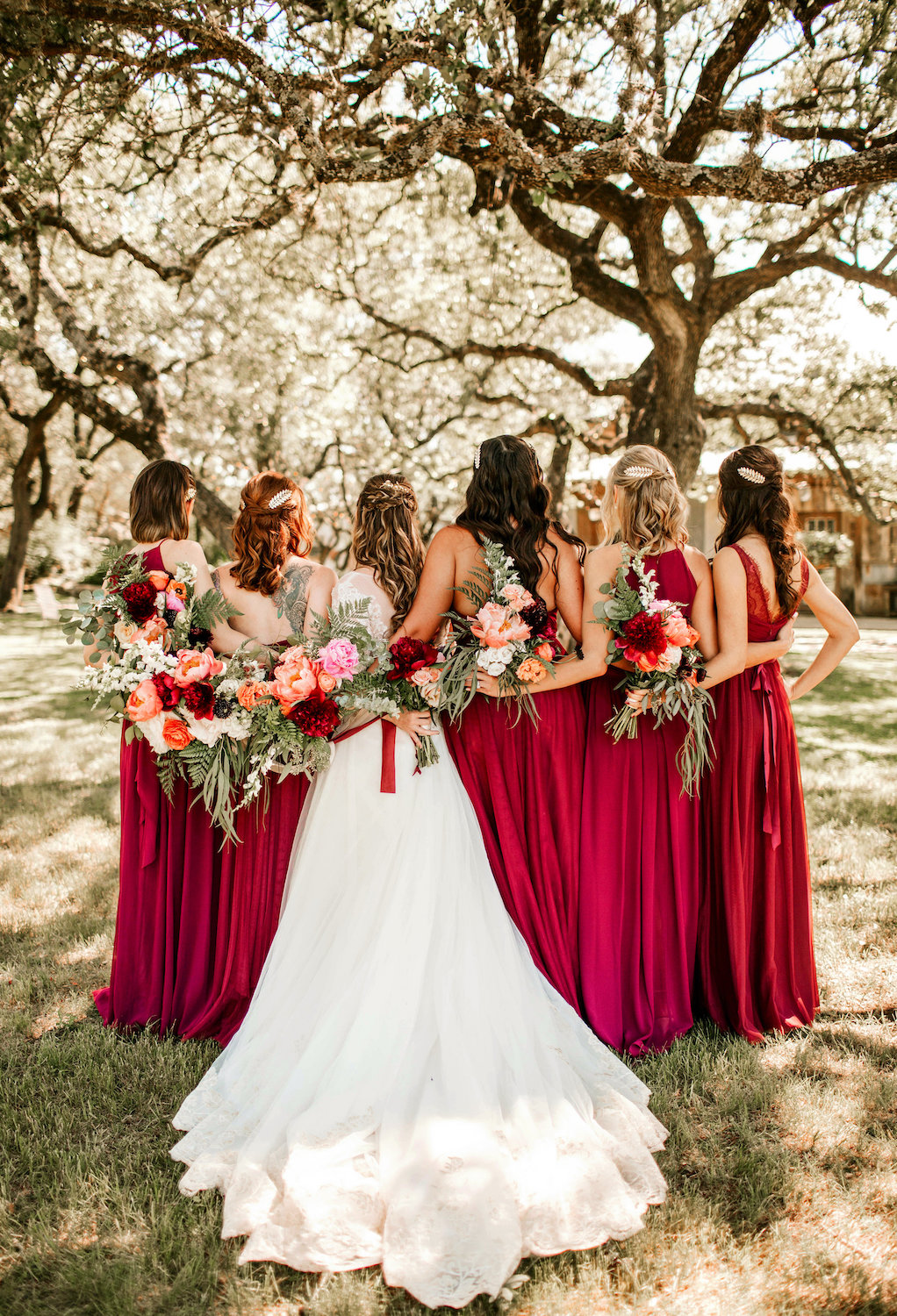 Bride and bridesmaids in red