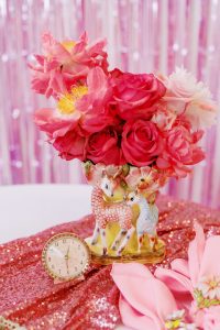 pink wedding bouquet in kitschy vase