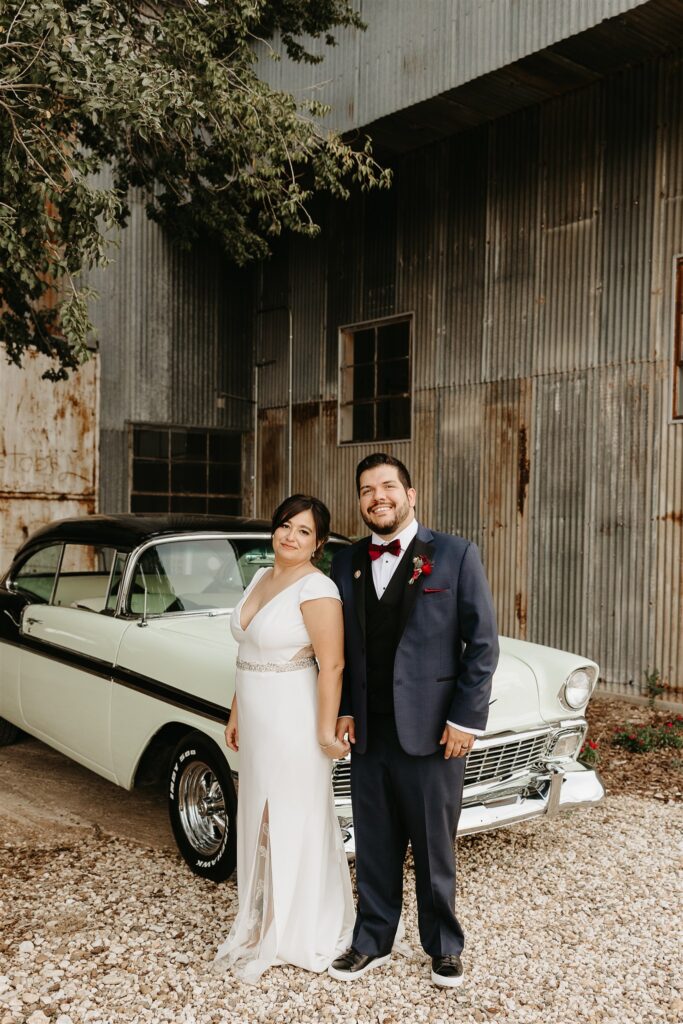 Bride and Groom with vintage car in Lubbock Texas